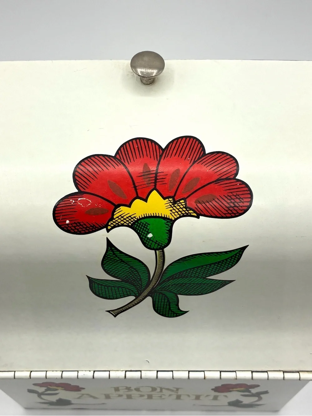 Vintage MCM Metal Red Tole Flowers Recipe Box Bon Appetit